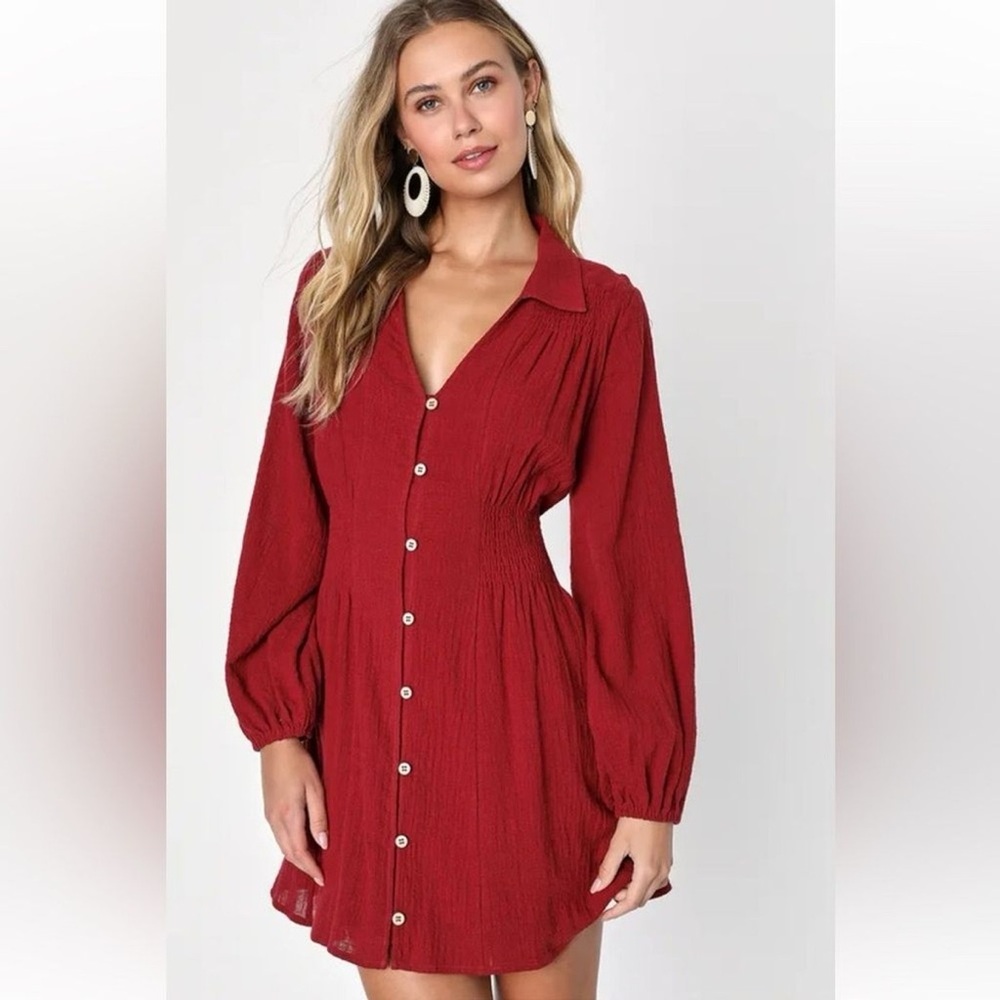 Lulus Best Harvest Wine Long Sleeve Button-Up Mini Dress With Pockets